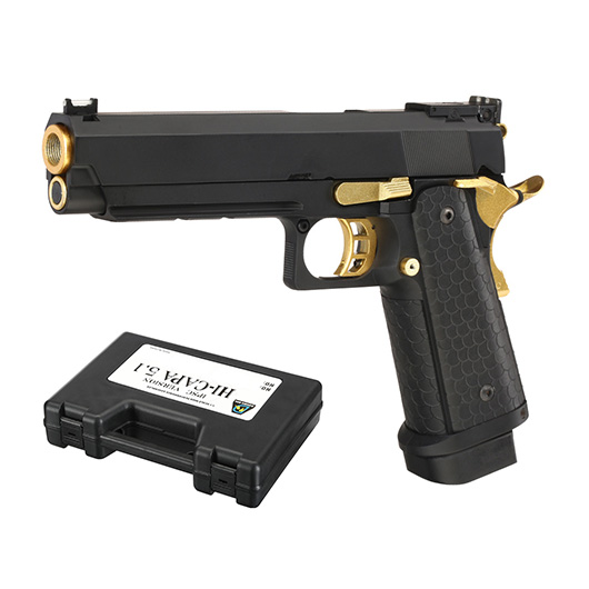 Double Bell Hi-Capa 5.1 Airsoftpistole Vollmetall CO2BB 6mm BB schwarz / gold inkl. Pistolenkoffer