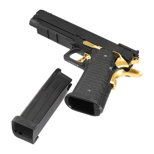 Double Bell Hi-Capa 5.1 Airsoftpistole Vollmetall CO2BB 6mm BB schwarz / gold inkl. Pistolenkoffer Bild 6