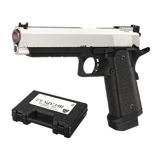 Double Bell Hi-Capa 5.1 Airsoftpistole Vollmetall CO2BB 6mm BB silber / schwarz inkl. Pistolenkoffer