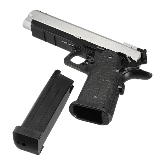 Double Bell Hi-Capa 5.1 Vollmetall CO2BB 6mm BB silber / schwarz inkl. Pistolenkoffer Bild 6