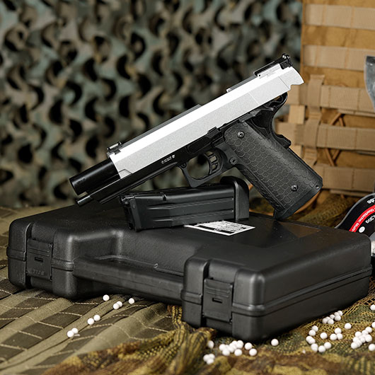 Double Bell Hi-Capa 5.1 Airsoftpistole Vollmetall CO2BB 6mm BB silber / schwarz inkl. Pistolenkoffer Bild 1