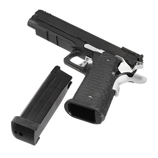 Double Bell Hi-Capa 5.1 Vollmetall CO2BB 6mm BB schwarz / silber inkl. Pistolenkoffer Bild 6