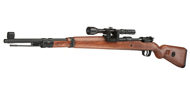 Double Bell Airsoft Karabiner 98K Bolt-Action Springer Gewehr mit Hlsenauswurf inkl. 3-7x28 ZF 6mm BB Holzoptik