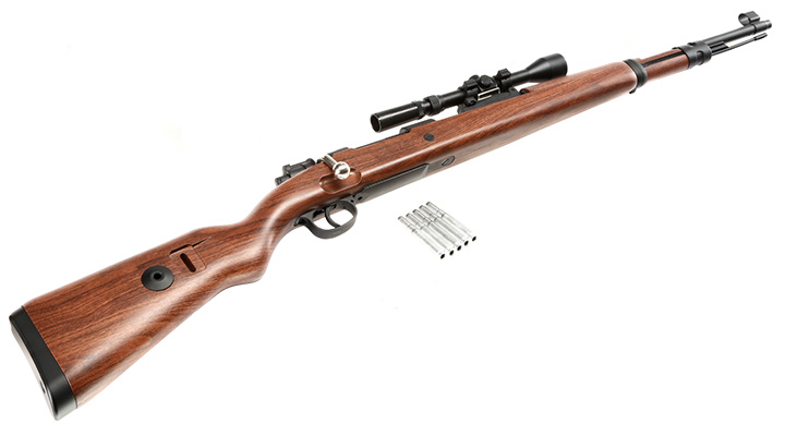 Double Bell Airsoft Karabiner 98K Bolt-Action Springer Gewehr mit Hlsenauswurf inkl. 3-7x28 ZF 6mm BB Holzoptik Bild 4