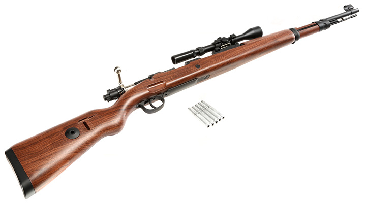 Double Bell Airsoft Karabiner 98K Bolt-Action Springer Gewehr mit Hlsenauswurf inkl. 3-7x28 ZF 6mm BB Holzoptik Bild 5