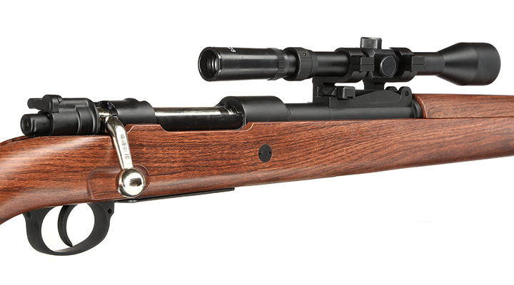 Double Bell Airsoft Karabiner 98K Bolt-Action Springer Gewehr mit Hlsenauswurf inkl. 3-7x28 ZF 6mm BB Holzoptik Bild 8