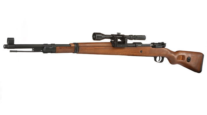 Double Bell Airsoft Karabiner 98K Bolt-Action Springer Gewehr mit Hlsenauswurf inkl. 3-7x28 ZF 6mm BB Echtholz-Version