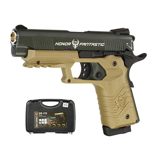 HFC M1911S Custom 45 GripTac Airsoftpistole Vollmetall CO2BB 6mm BB oliv / tan inkl. Pistolenkoffer