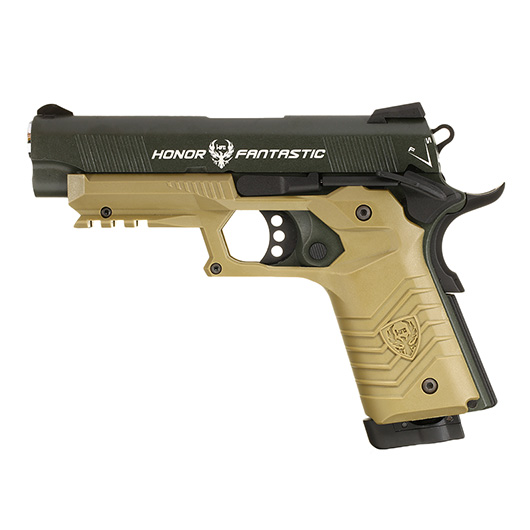 HFC M1911S Custom 45 GripTac Airsoftpistole Vollmetall CO2BB 6mm BB oliv / tan inkl. Pistolenkoffer Bild 1