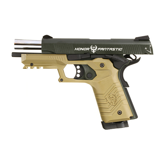 HFC M1911S Custom 45 GripTac Airsoftpistole Vollmetall CO2BB 6mm BB oliv / tan inkl. Pistolenkoffer Bild 2