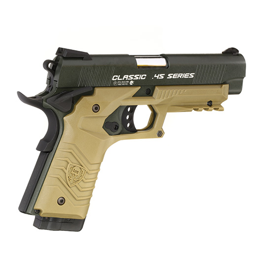 HFC M1911S Custom 45 GripTac Airsoftpistole Vollmetall CO2BB 6mm BB oliv / tan inkl. Pistolenkoffer Bild 4