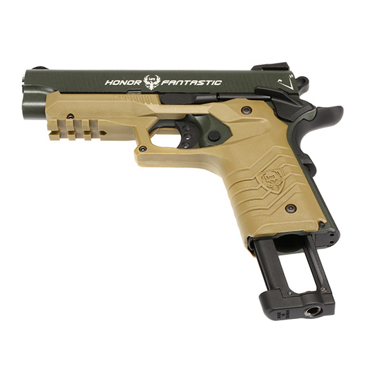 HFC M1911S Custom 45 GripTac Airsoftpistole Vollmetall CO2BB 6mm BB oliv / tan inkl. Pistolenkoffer Bild 5