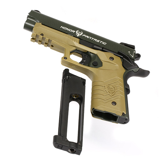 HFC M1911S Custom 45 GripTac Airsoftpistole Vollmetall CO2BB 6mm BB oliv / tan inkl. Pistolenkoffer Bild 6