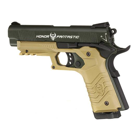 HFC M1911S Custom 45 GripTac Airsoftpistole Vollmetall CO2BB 6mm BB oliv / tan inkl. Pistolenkoffer Bild 7
