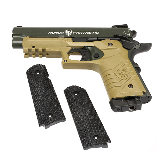 HFC M1911S Custom 45 GripTac Vollmetall CO2BB 6mm BB oliv / tan inkl. Pistolenkoffer Bild 9