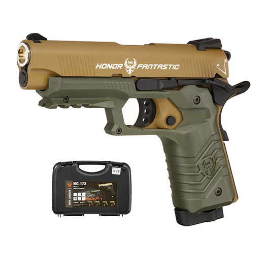 Ersatzteilset HFC M1911S Custom 45 GripTac Vollmetall CO2BB 6mm BB tan / oliv inkl. Pistolenkoffer