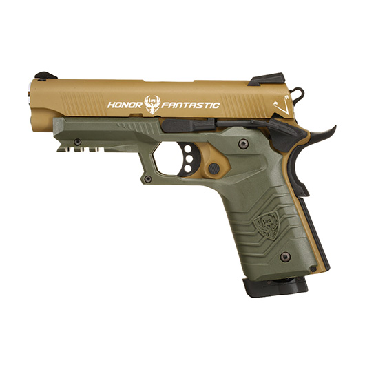 Ersatzteilset HFC M1911S Custom 45 GripTac Vollmetall CO2BB 6mm BB tan / oliv inkl. Pistolenkoffer Bild 1