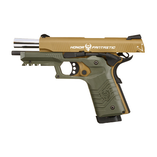HFC M1911S Custom 45 GripTac Vollmetall CO2BB 6mm BB tan / oliv inkl. Pistolenkoffer Bild 2