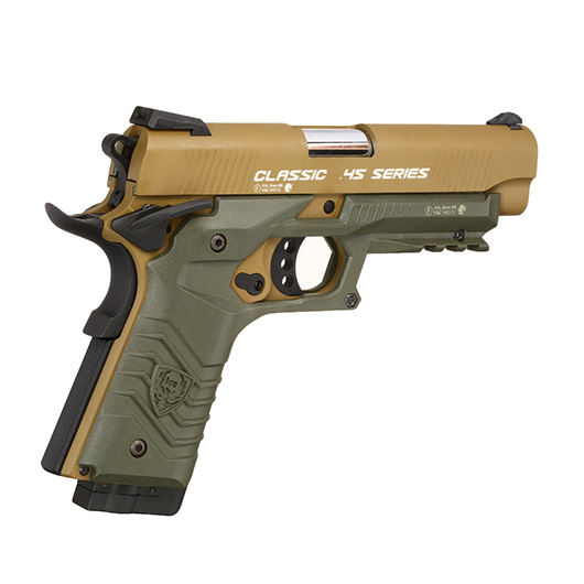 HFC M1911S Custom 45 GripTac Vollmetall CO2BB 6mm BB tan / oliv inkl. Pistolenkoffer Bild 4