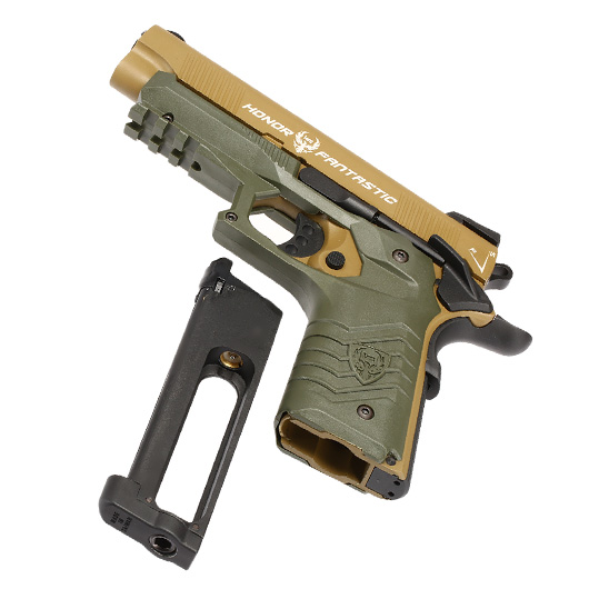 HFC M1911S Custom 45 GripTac Vollmetall CO2BB 6mm BB tan / oliv inkl. Pistolenkoffer Bild 6