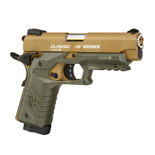 HFC M1911S Custom 45 GripTac Vollmetall CO2BB 6mm BB tan / oliv inkl. Pistolenkoffer Bild 8