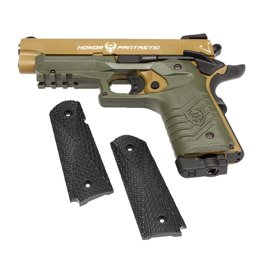 HFC M1911S Custom 45 GripTac Vollmetall CO2BB 6mm BB tan / oliv inkl. Pistolenkoffer Bild 9