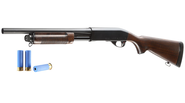 Maruzen M870 Standard Pump Action Gas Shotgun mit Hlsenauswurf 6mm BB Echtholz