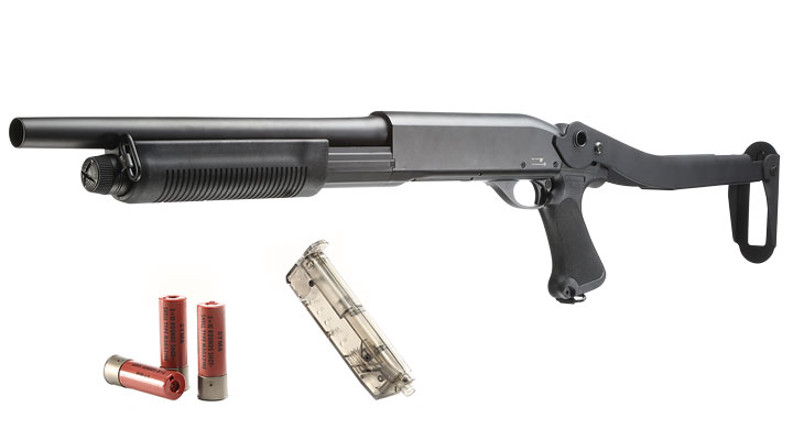 Cyma M870 Shotgun mit Stahl-Klappschaft Medium-Type Tri-Barrel Vollmetall Springer 6mm BB schwarz