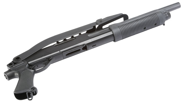 Cyma M870 Shotgun mit Stahl-Klappschaft Medium-Type Tri-Barrel Vollmetall Springer 6mm BB schwarz Bild 4
