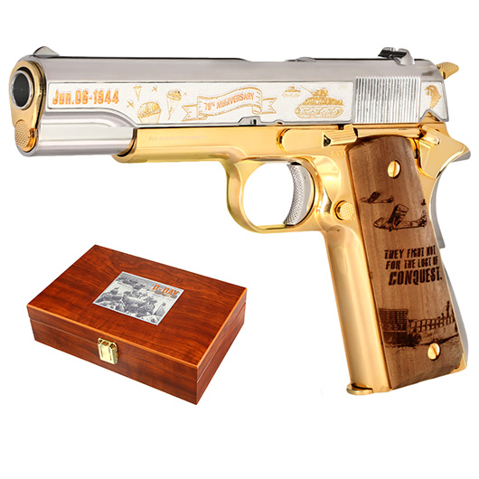 G&G GPM1911A1 D-Day 78 Anniversary Vollmetall 6mm BB gold-chrome inkl. Holzschatulle Limited Edition