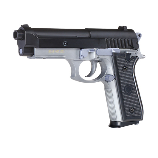 Cybergun PT92 mit Metallschlitten H.P.A. Fire Line Springer 6mm BB Dual Tone schwarz / silber