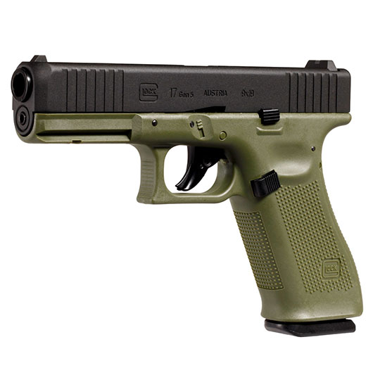 Glock 17 Gen. 5 Airsoft mit Metallschlitten CO2 BlowBack 6mm BB schwarz / Battlefield Green