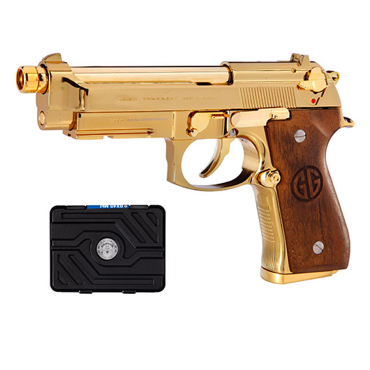G&G GPM92 GP2 Airsoftpistole Vollmetall GBB 6mm BB Gold-Chrome inkl. Pistolenkoffer - Walnussholz Limited Edition