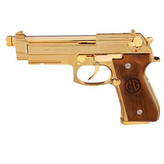G&G GPM92 GP2 Airsoftpistole Vollmetall GBB 6mm BB Gold-Chrome inkl. Pistolenkoffer - Walnussholz Limited Edition Bild 1