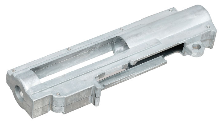 ICS M4 / M16 Split-Design Gearbox M120 komplett Standard Bore-Up Version oben silber MA-56 Bild 5