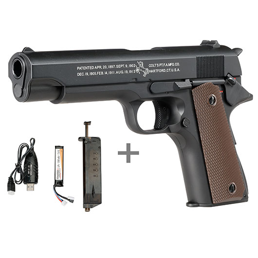 Cybergun Colt M1911A1 mit Metallschlitten Komplettset AEP 6mm BB schwarz - MosFet / LiPo Version