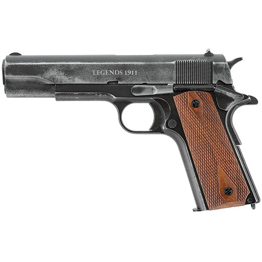 Legends 1911 Vintage CO2 Airsoft Pistole 6mm BB Vollmetall Echtholz Set mit 5x CO2 5000 BBs und Airsoft Kugelfang Bild 1