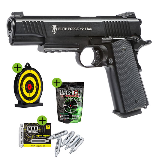 Elite Force 1911 TAC Airsoft Pistole CO2 Blowback 6mm BB Vollmetall Set inkl. 5x CO2 Kapseln 5000 BBs Laser Dot und Zielscheibe