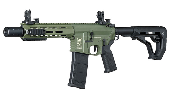 Delta Armory M4 AR15 Charlie M-LOK SilentOps 8 Zoll Eagle ETU Mosfet S-AEG 6mm BB oliv