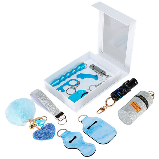 Selbstschutz Geschenkset Schutzengel hellblau Schlsselanhnger, Personenalarm, Armband, Signalpfeife, Flaschenffner, No Trkon