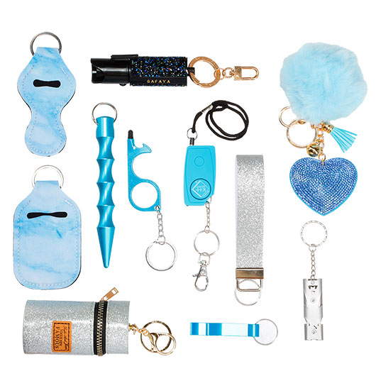 Selbstschutz Geschenkset Schutzengel hellblau Schlsselanhnger, Personenalarm, Armband, Signalpfeife, Flaschenffner, No Trkon Bild 1