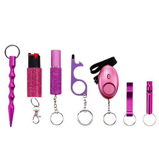 Selbstschutz Geschenkset Schutzengel violett Schlsselanhnger, Personenalarm, Armband, Signalpfeife, Flaschenffner, No Trkont Bild 2