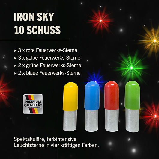 Iron Sky farbintensive Feuerwerk Signalsterne 10 Schuss bunt gemischt Bild 1