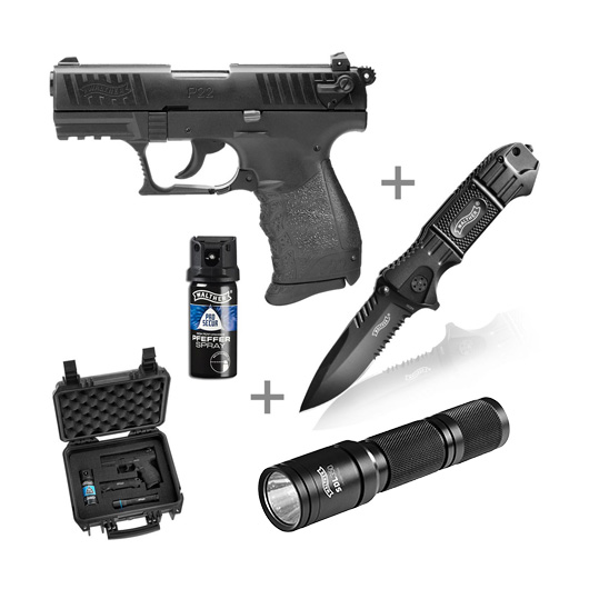 Walther P22Q Schreckschuss Pistole 9mm P.A.K. R2D-Kit inkl. Pfefferspray, Messer, Lampe, Waffenkoffer