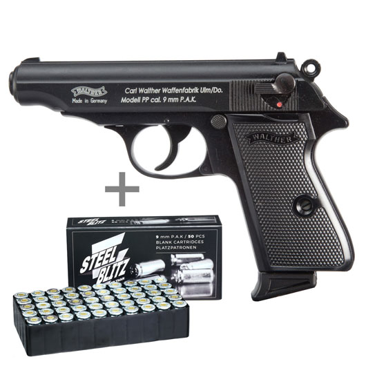 Walther PP Schreckschuss Pistole Kal. 9mm P.A.K. brniert + 50 Schuss Pobjeda Steel Blitz