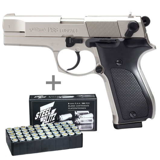Walther P88 Schreckschuss Pistole bicolor Kal. 9mm P.A.K. + 50 Schuss Pobjeda Steel Blitz