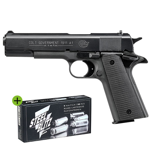 Colt Government 1911 A1 Schreckschusspistole Kal. 9mm P.A.K. brniert + 50 Schuss Pobjeda Steel Blitz