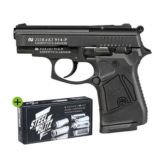 Zoraki 914 brniert Schreckschuss Pistole Kal. 9 mm P.A.K. + 50 Schuss Pobjeda Steel Blitz