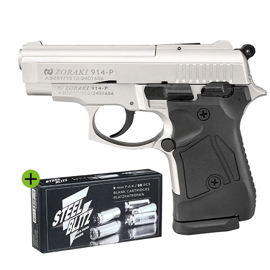 Zoraki 914 satina Schreckschuss Pistole Kal. 9mm P.A.K inkl. 50 Schuss Pobjeda Steel Blitz