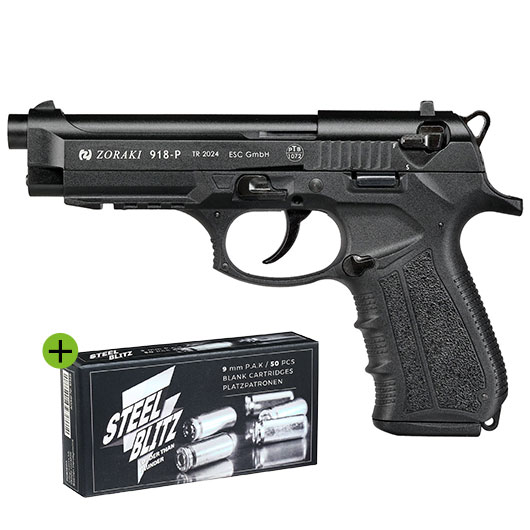 Zoraki 918 Schreckschuss-Pistole Kal. 9mm P.A. brniert inkl. 50 Schuss Pobjeda Steel Blitz